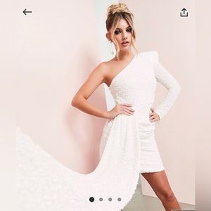 ASOS LUXE one shoulder asymmetric draped mini dress in white sequin